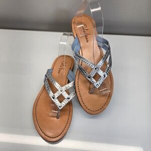 Cole Haan Flat Sandals Women 9.5 Icy Blue Metallic Croc Leather Thong Strappy